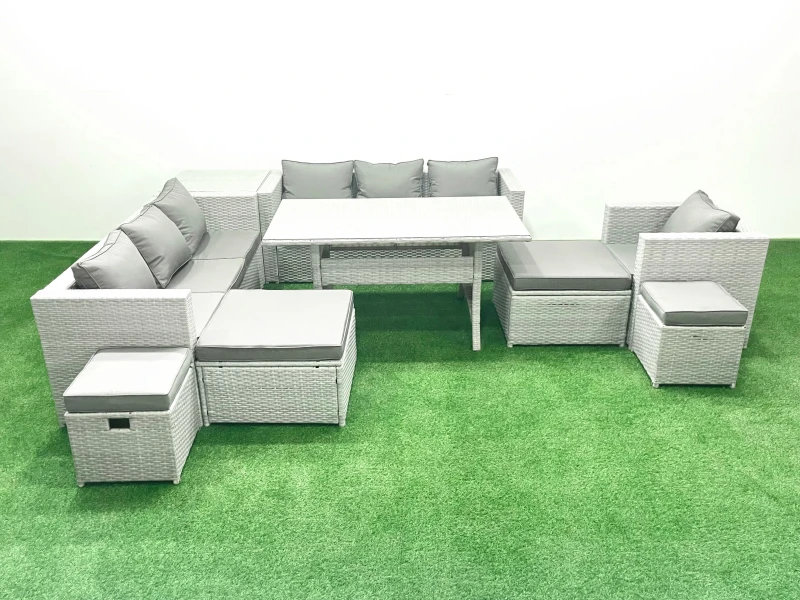 Image of Fimous Rattan Garden Furniture Dining Set 11 Seater Lounge Sofa Chair Dining Table Set with 4 Footstools Side Table Light Grey Mixed Light Grey