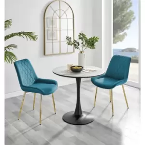 Image of Furniturebox UK - Furniturebox Elina White Marble Effect Modern 80cm Round Dining Table & 2 Blue Pesaro Gold Leg Velvet Chairs