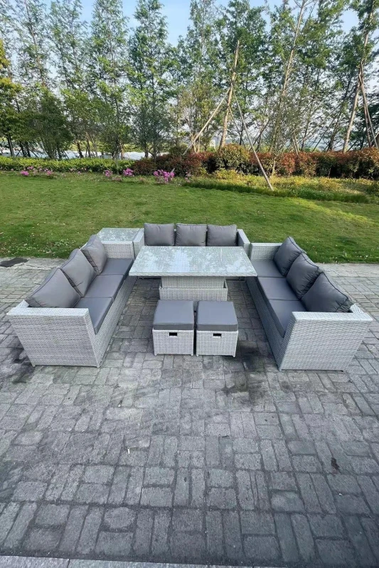 Image of Fimous U Shape Rattan Garden Furniture Set Adjustable Rising Lifting Table Dining Set Coffee Tea Table Light Grey