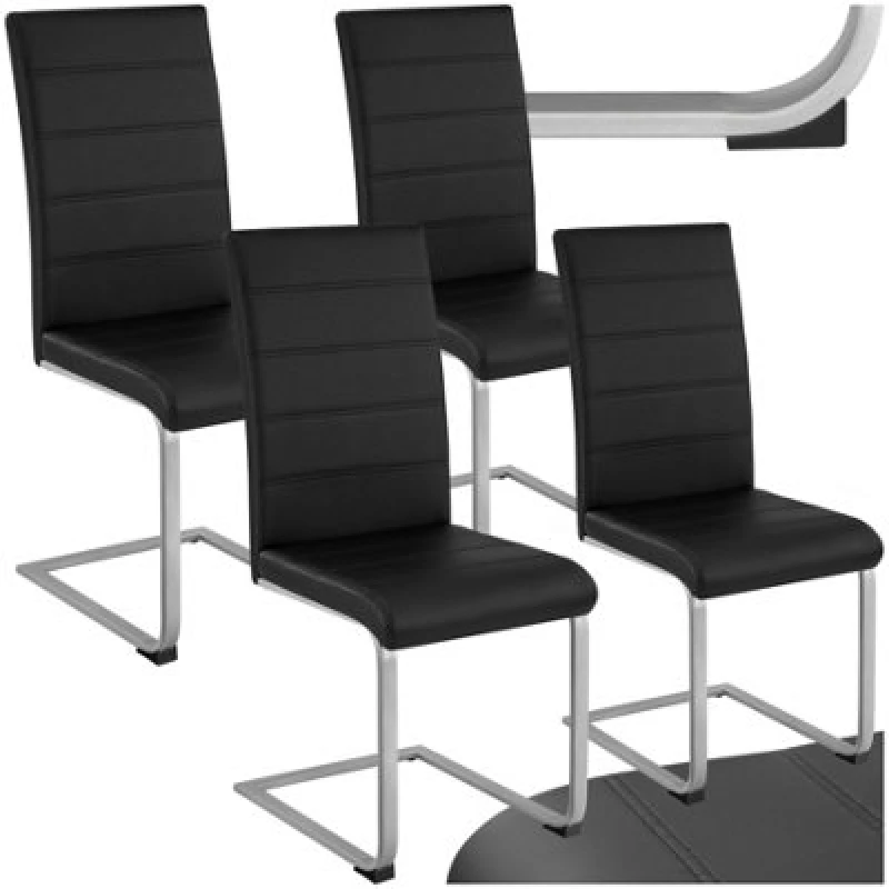 Image of Tectake Set Of 4 Dining Chairs - Cantilevered, High Backrest, Flat Steel Frame - Black