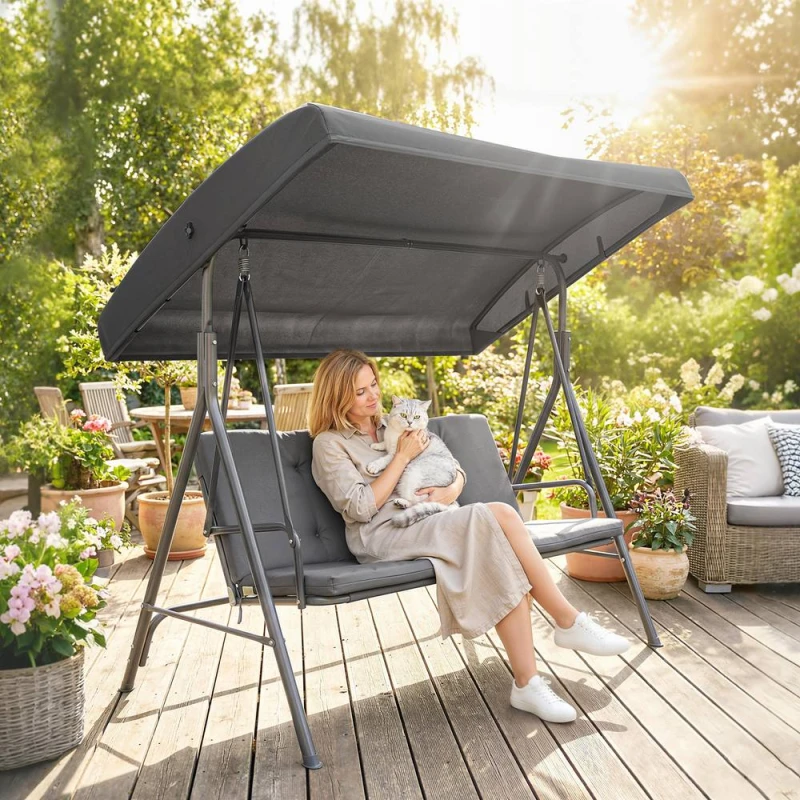 Image of OUTSUNNY 3 Seater Garden Swing Chair, Patio Rocking Bench with Steel Frame in Dark Grey Dark Grey Unisex 3 Seater