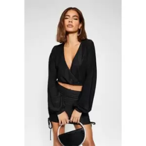 Image of I Saw It First Glitter Wrap Front Crop Top - Black