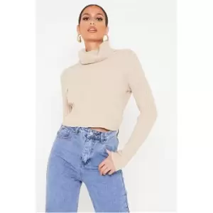 Image of I Saw It First Camel Roll Neck Rib Knit Cropped Jumper - Brown