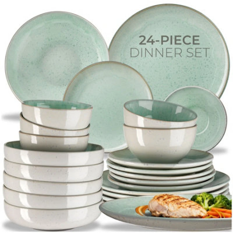 Image of Tectake 24 PC Dinner Set Mare In Glazed Stoneware For 6 People, Microwave- And Dishwasher-Safe - Mint