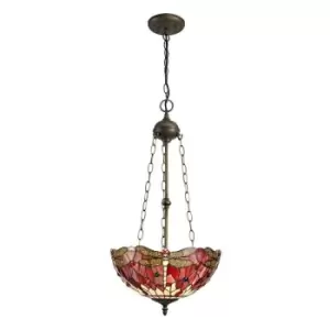 Image of 3 Light Uplighter Ceiling Pendant E27 With 40cm Tiffany Shade, Purple, Pink, Crystal, Aged Antique Brass - Luminosa Lighting