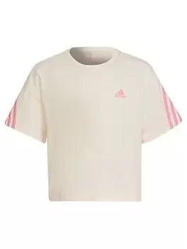 Image of adidas Future Icons Kids Girls 3 Stripe Short Sleeve T-Shirt - Light Beige, Light Beige, Size 7-8 Years, Women