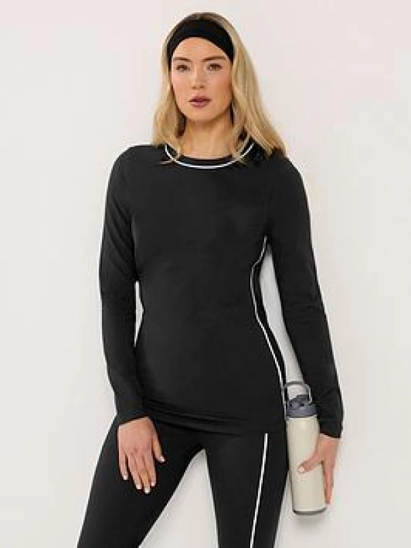 Image of Long Tall Sally Womens Tall Active Piped Long Sleeve Top in Black Size: 14 Black Female 14