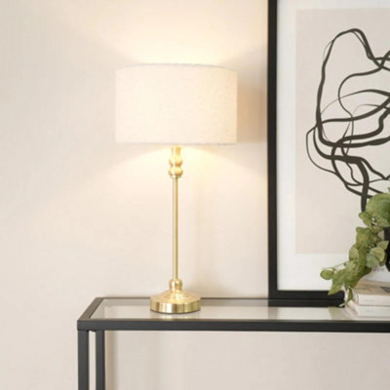 Image of ValueLights ValueLights Maggie Gold Metal Candlestick Slim Table Lamp with Cream Boucle Drum Lamp Shade Cream One Size Unisex 5059406046186