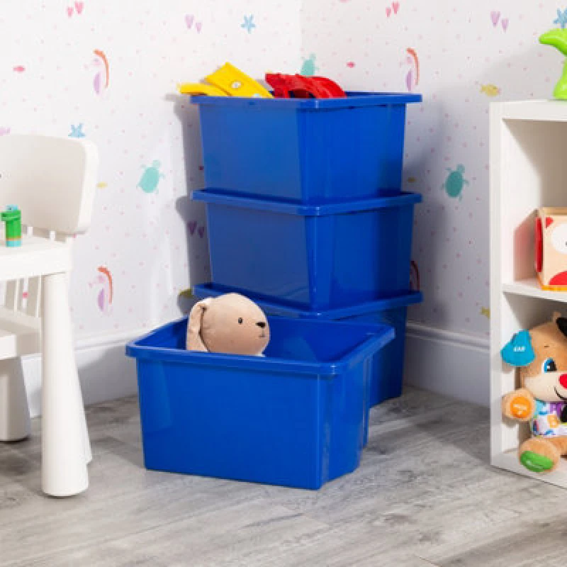 Image of Wham Stack & Store 4X 30L Plastic Storage Boxes. Ideal For Toys, Classrooms & Playrooms. Integrated Handles. Blue