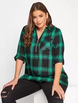Image of Yours Zip Neck Check Shirt - Green, Size 30-32, Women