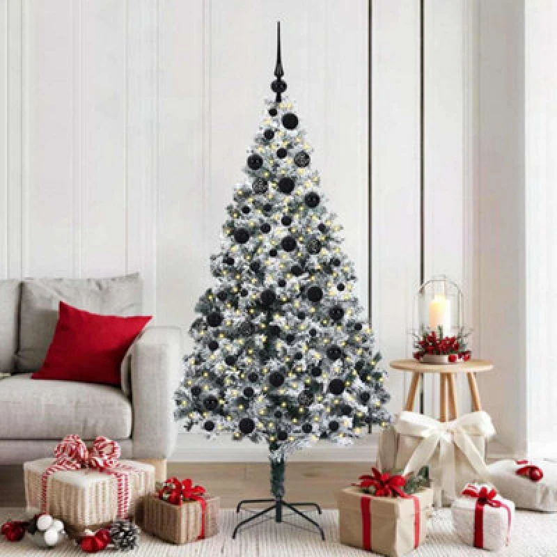 Image of vidaXL Artificial Christmas Tree with 300 LEDs, 120 Black Balls with Stand Snow Flocked Green 180 cm, Green 3396963