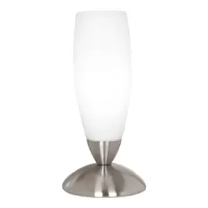 Image of Table Lamp Colour Satin Nickel Shade White Glass In Line Switch Bulb E14 1x40W
