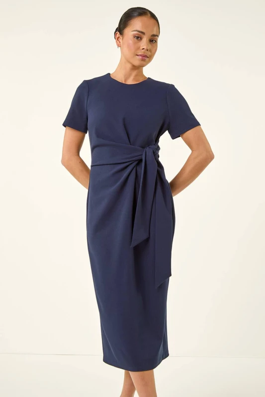 Image of Roman Womens Petite Tie Waist Stretch Midi Dress in Navy Size: 18 Navy Female 18
