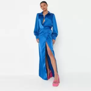 Image of Missguided Front Shirt Maxi Dress Ls Satin - Blue