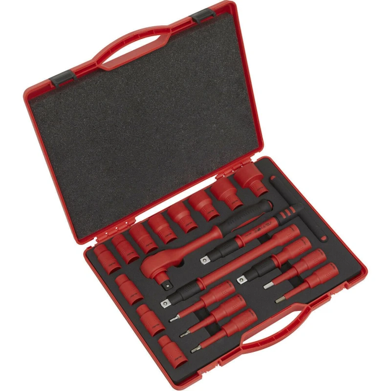 Image of Loops 20pc VDE Insulated Socket & Ratchet Handle Set -1/2" Square Drive 6 Point Metric Multi