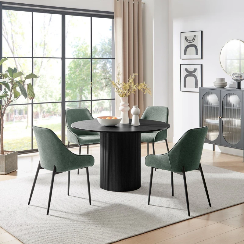 Image of FurnitureboxUK FurnitureboxUK Penrose Black Round Dining Table & 4 Beaumont Chairs in Green Green One Size Unisex 5061064385507