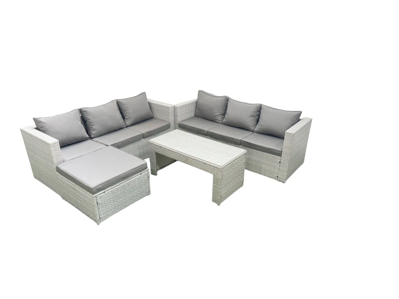 Image of Fimous 7 Seater Garden Outdoor Rattan Furniture Set Rattan Garden Sofa Oblong Coffee Table with Big Footstool Light Grey Mixed Light Grey