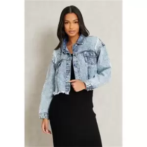 Image of I Saw It First Acid Wash Distressed Cropped Denim Jacket Co-Ord - Blue