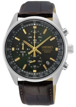 Image of Seiko Mens Brown Leather Strap Green Dial SSB385P1 Watch
