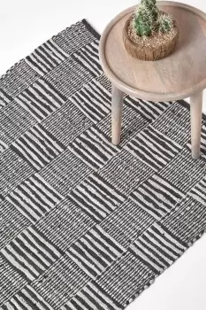 Image of Real Leather Handwoven Striped Block Check Rug