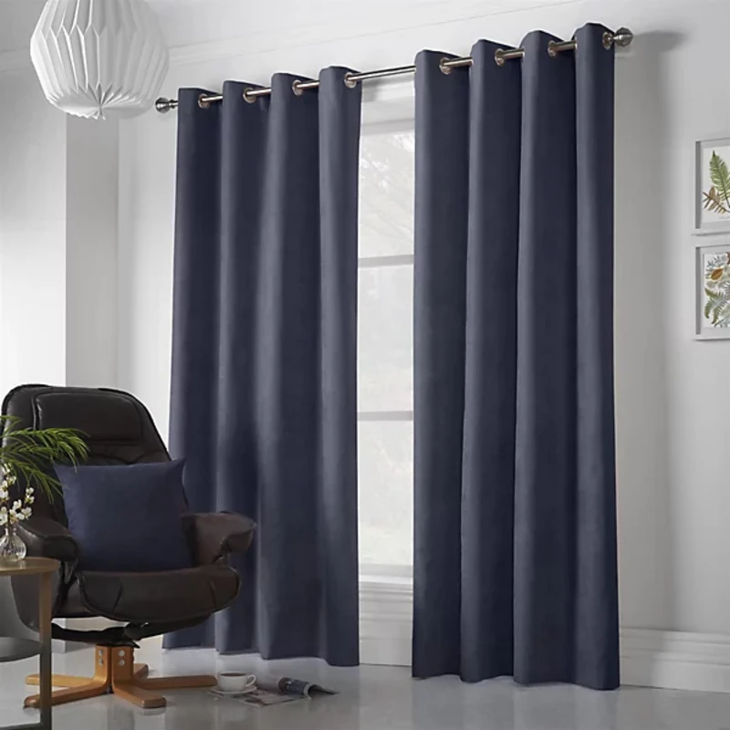 Image of Velvet Chenille Ready Made Eyelet Curtains Navy