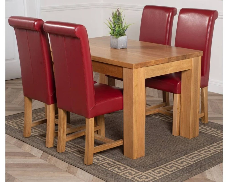 Image of Thats Furniture Dakot 127 x 82cm Oak Small Dining Table & 4 Washington Leather Chairs in Red Size: 127 x 82cm Red Unisex 127 x 82 cm