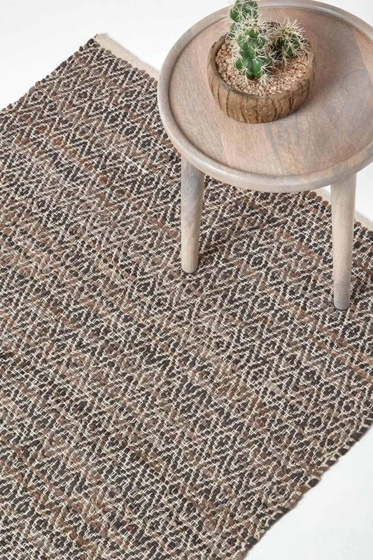 Image of Homescapes Brown Real Leather Handwoven Diamond Pattern Rug, 150 X 240 Cm