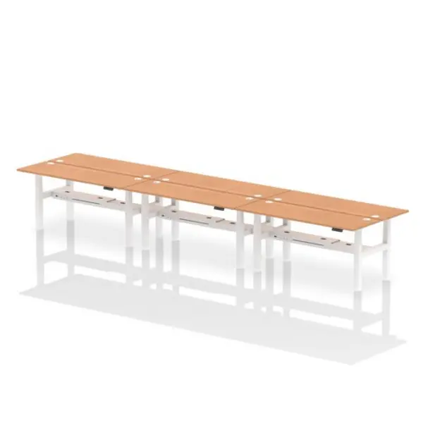 Image of Air Air Back-to-Back 1800 x 600mm Height Adjustable 6 Person Bench Desk Oak Top with Cable Ports White Frame HASCP6P18600OAKW