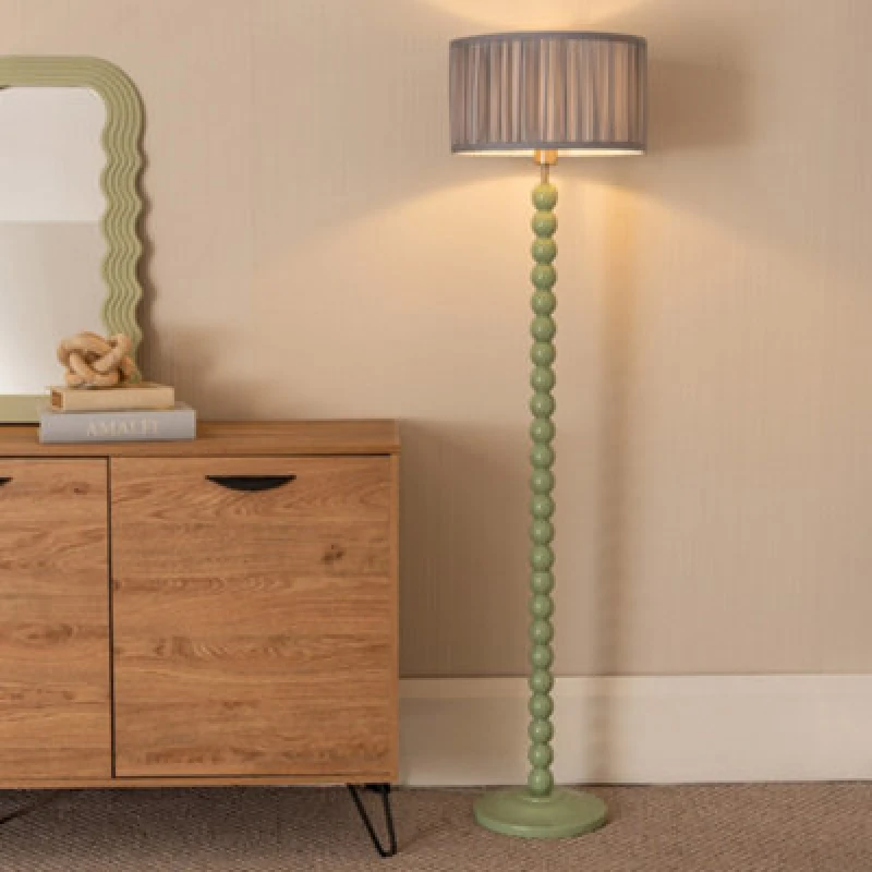 Image of ValueLights Bobbins Sage Green Floor Lamp with Ruched Pleated Drum Lamp Shade and LED Bulb Baby Blue
