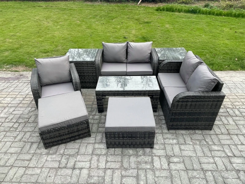 Image of Fimous 8 Pcs Rattan Outdoor Garden Furniture Sofa Set Patio Table & Chairs Set with 2 Side Tables 2 Big Footstool Dark Grey Mixed Dark Grey