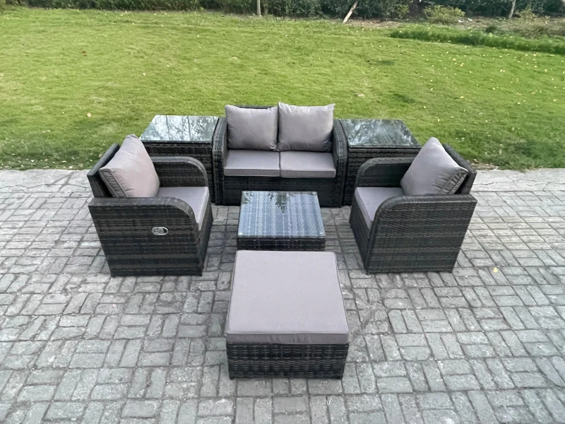 Image of Fimous Rattan Garden Furniture Set Patio Conservatory Indoor Outdoor 7 Piece Set with Love Sofa Square Coffee Table Dark Grey