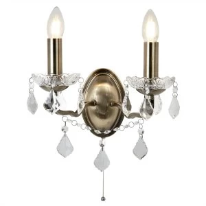 Image of 2 Light Indoor Candle Wall Light Antique Brass, Clear with Crystal Glass, E14