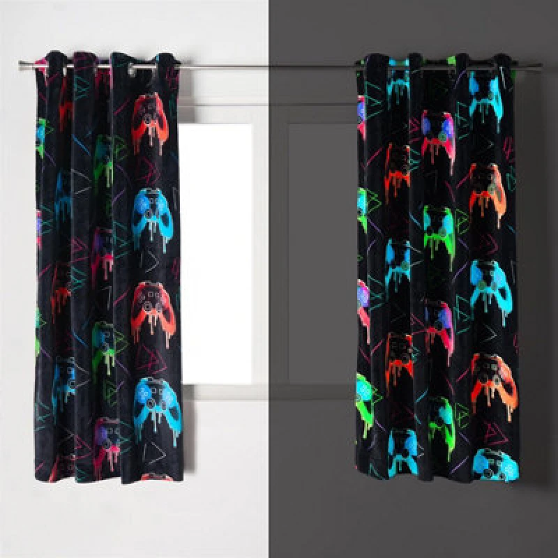 Image of OHS OHS Glow-in-the-Dark Kids Gaming Print Curtains in Black Size: 117cm width x 137cm drop Black 117cm width x 137cm drop Unisex 5027434232291