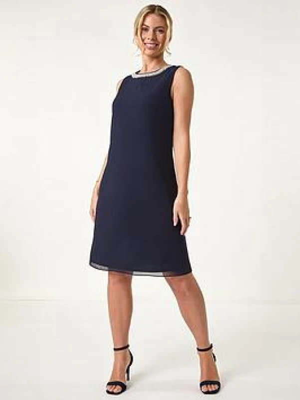 Image of Roman Womens Petite 2 in 1 Neck Trim Shift Dress in Navy Size: 18 Navy Female 18