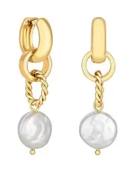 Image of Mood Mood Gold Textured Link Freshwater Pearl Drop Earrings, Gold, Women