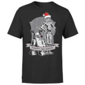 Image of Star Wars Christmas Happy Holidays Droids Black T-Shirt - M - Black