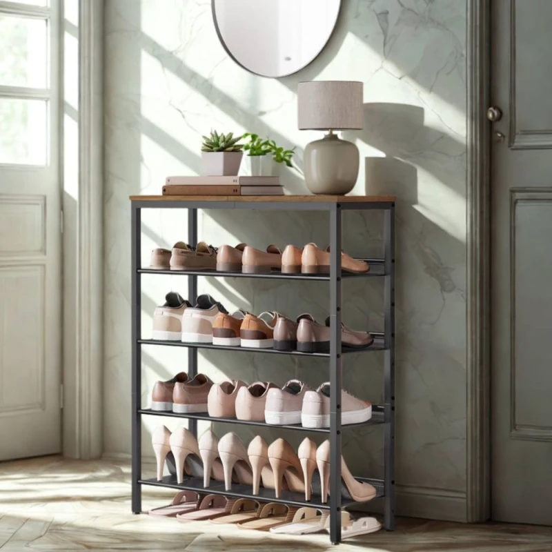 Image of Pirlo Plush 5 Tier Industrial Shoe Rack Hallway Storage Organiser, Brown IND1232