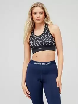 Image of Reebok Run All-Over Print Bra - Black, Size XS, Women