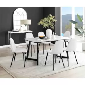 Image of Furniture Box Carson White Marble Effect Dining Table and 6 White Corona Black Leg Chairs