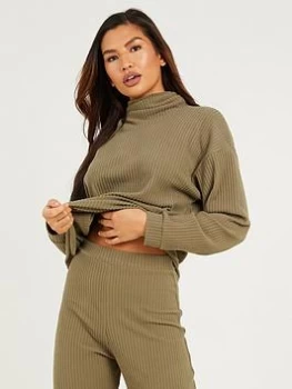 Image of Quiz Khaki Ribbed Cowl Neck Top - 8
