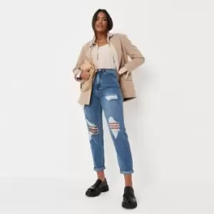 Image of Missguided Roll Hem Knee Rip Mom Jean Mid Wash - Blue
