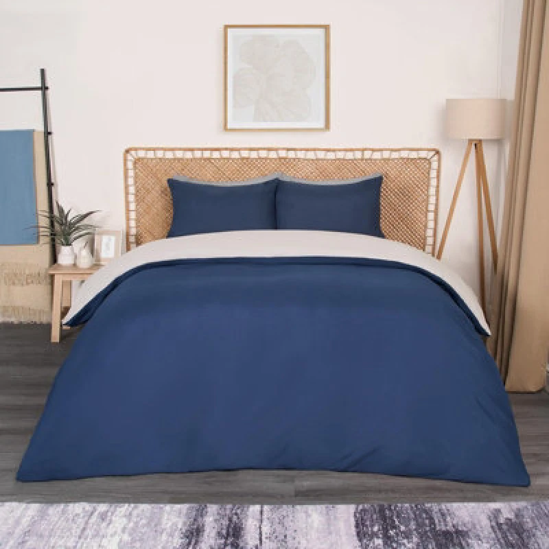 Image of OHS OHS Plain Reversible Duvet Cover With Pillowcase Set in Navy Size: Double Navy Double Unisex 5027434181537