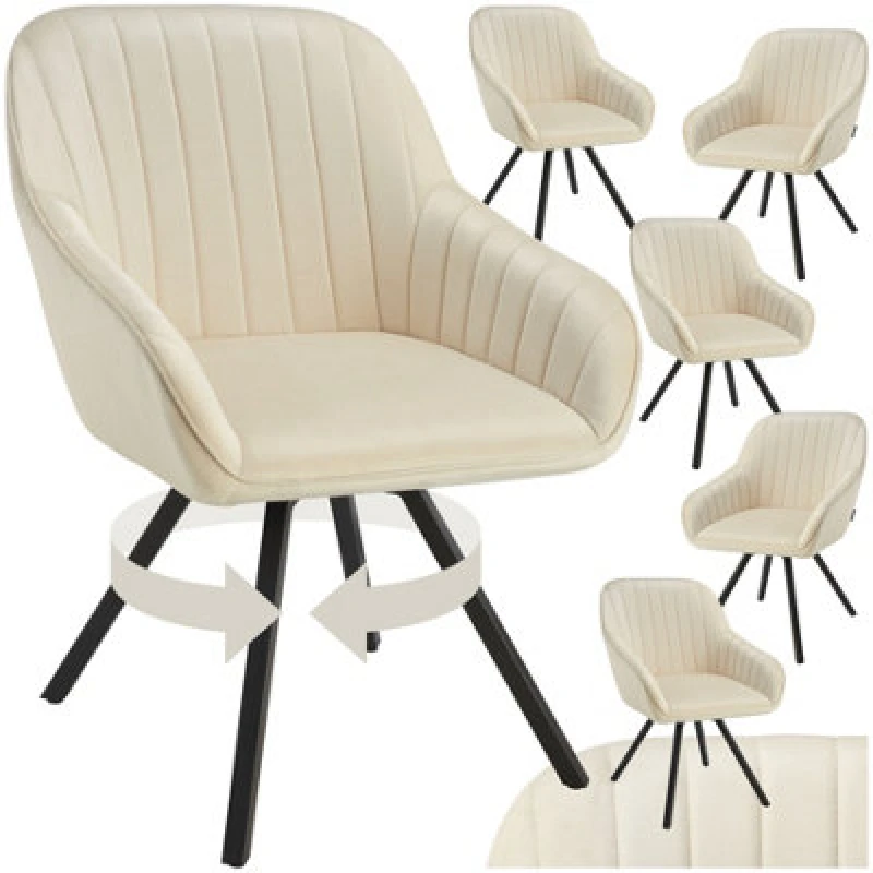 Image of Tectake Set Of 6 Lounge Armchair Living Room Accent Chair 360 Swivel Slim Steel Legs Velvet Fabric - Cream