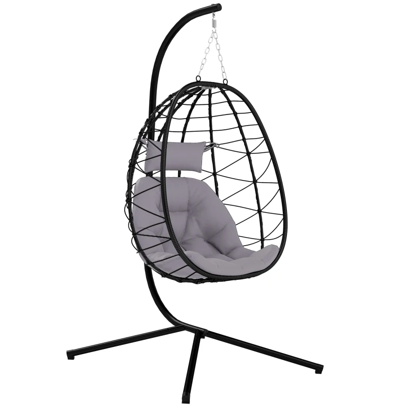 Image of Outsunny Garden Egg Chair Outdoor Hanging Swing Chair, Folding Basket, Grey 84A-373V70GY