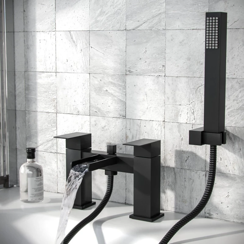 Image of Nes Home Waterfall Matte Black Bath Shower Mixer Tap with Handset Kit Black