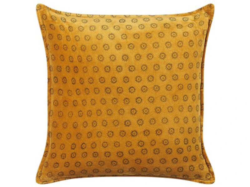Image of Beliani Throw Cushion Rapis Velvet 45 X 45cm Yellow Geometric Pattern