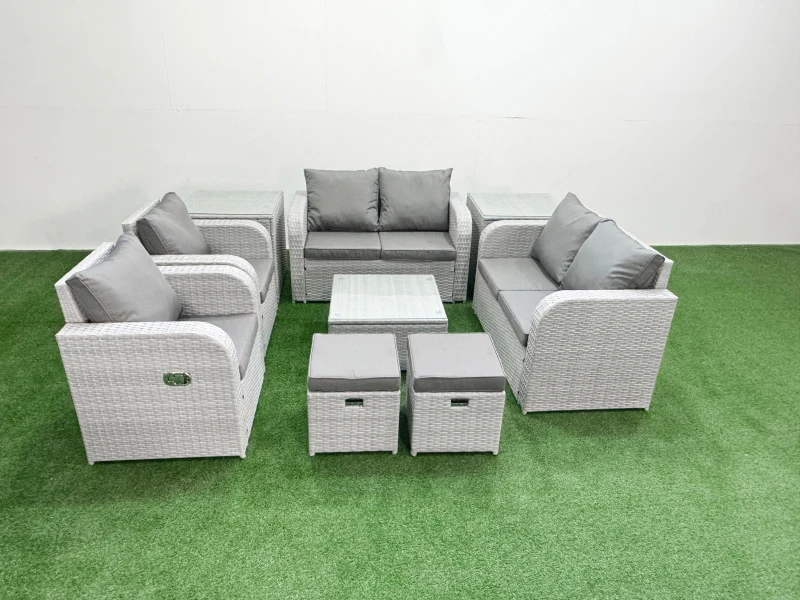Image of Fimous 8 Seater Outdoor Reclining Chair Love Sofa Set Rattan Garden Furniture Set with Square Coffee Table 2 Stools 2 Side Table Light Grey Light Grey