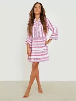 Image of Boohoo Printed Tiered Shift Beach Kaftan - Pink, Size L, Women