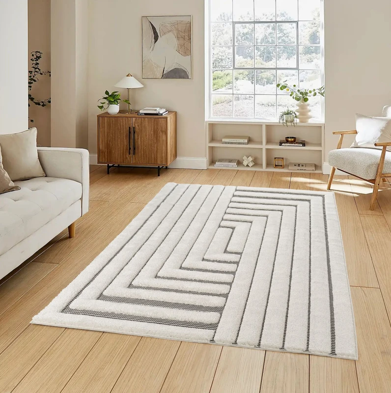 Image of Freya Living Room Area Rug Contemporary 3D Embossed Modern Merge Line Design - Cream 160Cm X 230Cm