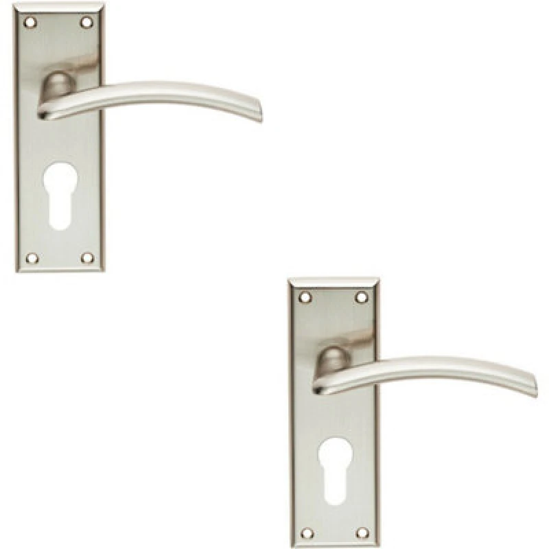 Image of Loops 2x PAIR Arched Lever on Euro Lock Backplate Door Handle 150 x 50mm Satin Nickel Metallics
